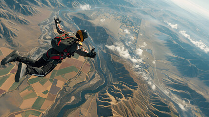 Skydiver in free fall with panoramic view of fields and mountains