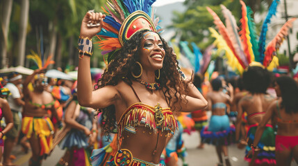 Vibrant Rio Carnival street scene with dancers and samba music