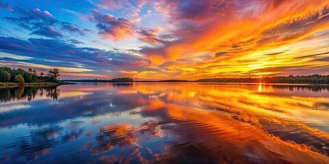 Canvas Print - Vibrant sunset reflecting on the calm lake surface , sunset, lake, water, reflection, colorful, nature, evening, dusk