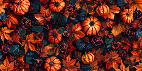 Canvas Print - Fake pumpkins on leaves