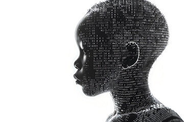 Child made from binary code on a white background in a wireframe plexus style, illustrating the intersection of technology and human life in digital art form