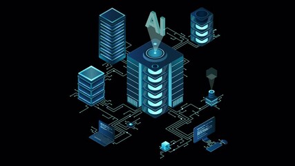 Poster - Isometric artificial intelligence technology animation. Isometric cloud computing concept. Artificial intelligence neural network future technology. Transparent background with alpha channel