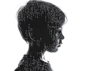 Child made from binary code on a white background in a wireframe plexus style, illustrating the intersection of technology and human life in digital art form