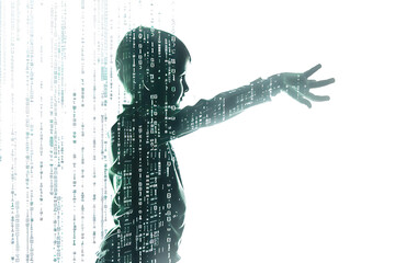 Child made from binary code on a white background in a wireframe plexus style, illustrating the intersection of technology and human life in digital art form