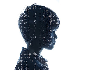 Child made from binary code on a white background in a wireframe plexus style, illustrating the intersection of technology and human life in digital art form