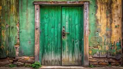 Poster - Old weathered green wooden door with textured finish , vintage, entrance, rustic, aged, antique, weathered, distressed