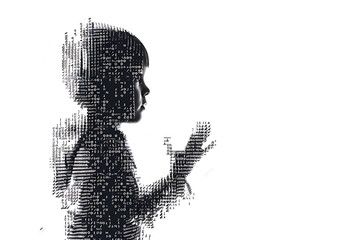 Child made from binary code on a white background in a wireframe plexus style, illustrating the intersection of technology and human life in digital art form