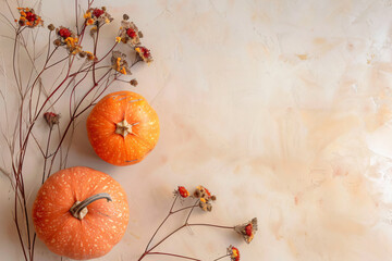 Wall Mural - Minimalistic flat lay with pumpkins and dry flowers on beige background, top view, copy space concept