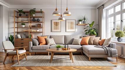 Sticker - Stylish and cozy Scandinavian living room interior in modern apartment with a comfortable sofa, Scandinavian, living room