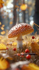 Canvas Print - A mushroom sitting on top of a pile of leaves