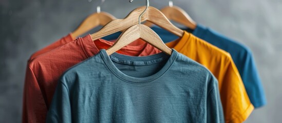 Close Up of Colorful T-Shirts on Wooden Hangers