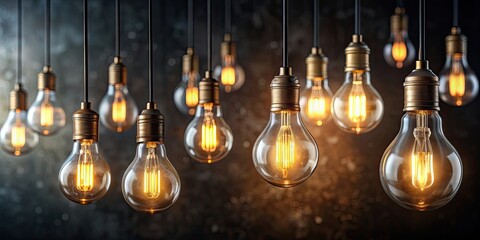 Canvas Print - Harmonious light emitted from hanging bulbs on dark background , harmonious, light, hanging, bulbs, dark, background