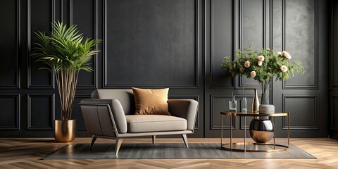 Sticker - Luxurious modern living room with armchair, table, flower, and plant against a black wall background, modern, living room