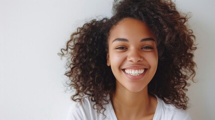 A happy woman with curly hair posing for the camera