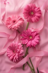 Poster - Pink flowers with ribbon on pink background