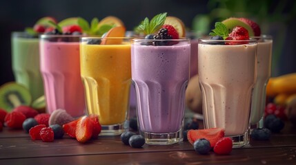 Canvas Print - Colorful smoothies in different flavors with fresh fruits in glasses. Perfect for health, fitness and wellness concepts. Bright and vibrant colors with delicious looks captured creatively. AI