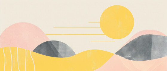 minimalist and whimsical abstract art with geometric sun over two small mountain hills in pastel yellow, gray and pink gold line style with collage technique