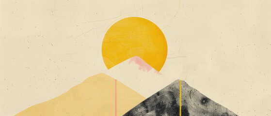 minimalist and whimsical abstract art with geometric sun over two small mountain hills in pastel yellow, gray and pink gold line style with collage technique