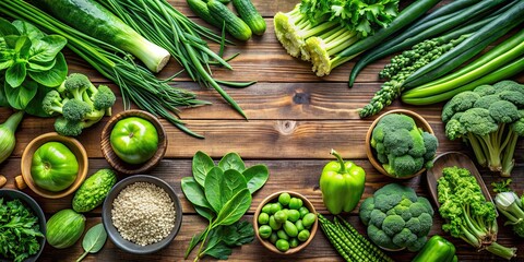 Poster - Fresh green and vibrant vegetable spread on a wooden table, healthy, organic, farm fresh, sustainable, nutrition