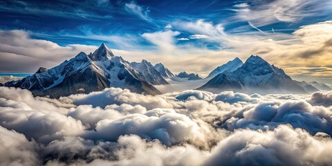 Wall Mural - Scenic view of fluffy clouds hovering above majestic mountain peaks, Clouds, mountains, scenery, landscape, nature, beauty