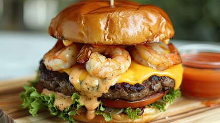 Poster - Delicious surf and turf burger with beef patty, melted cheddar cheese, shrimp, and rich cheddar sauce