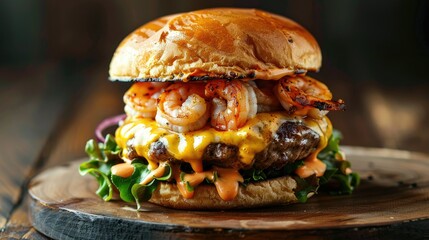 Poster - Delicious surf and turf burger with melted cheddar, beef patty, and shrimp topped with cheddar sauce