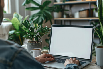 Man's hands typing on laptop computer in a room with indoor green flowers. White blank mock up empty screen display for business websites or services ads. Over shoulder view. Mock up. Copy space