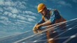 © paisorn - technician installing solar panel on the roof reastic style