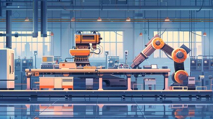 Poster - Futuristic factory with robotic arm and machinery.