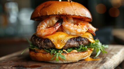 Poster - Gourmet burger with melted cheddar, beef patty, succulent shrimp, and rich cheddar sauce, surf and turf style