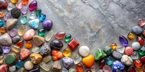 Canvas Print - Various gemstones and minerals arranged on gray background, top view, gemstones, minerals, collection, crystals