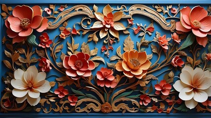 ornate floral relief in traditional thai art style, thai, art, ornate, floral, relief, traditional, 