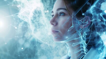 Wall Mural - Futuristic digital art of a woman. Conceptual image blending human and technology. Visual style characterized by blue hues and digital elements. Perfect for tech, AI, and innovation themes. AI