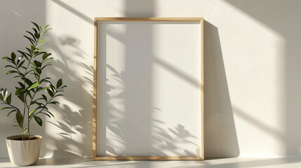 Poster - A mockup of an empty blank light wooden frame with reflections on the wall, shadows from plants and window light, minimalist interior design, soft neutral tones, high resolution, hyper realistic