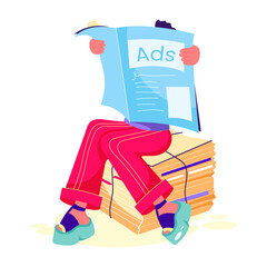 Wall Mural - Person reading newspaper ads flat illustration 