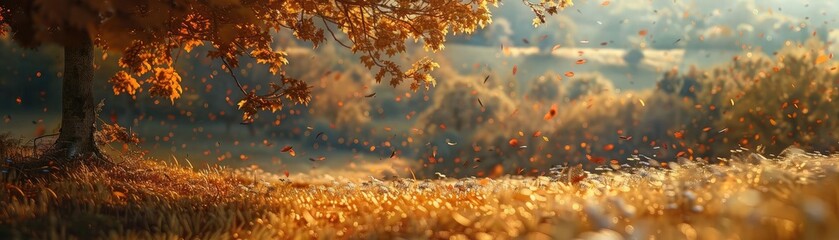 Aufkleber - Scenic autumn landscape with golden sunlight filtering through fall foliage, creating a serene and peaceful atmosphere in nature.