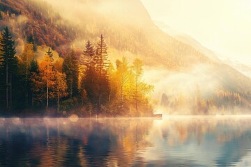 Poster - Serene autumn lake landscape with misty mountains, colorful trees, and calm reflective water at sunrise or sunset.