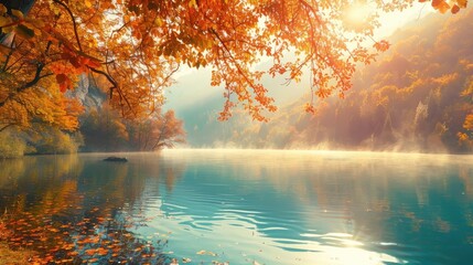 Poster - Serene autumn lake with misty mountains and vibrant foliage, reflecting colorful leaves and a tranquil atmosphere in the golden light.