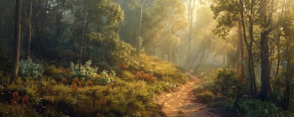 Poster - Sunlight filters through tall trees on a forest path, creating a serene and tranquil atmosphere on a peaceful morning walk.
