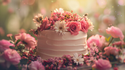 Poster - beautiful wedding cake with cream and flowers