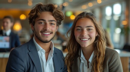 Two young receptionists at the reception of a modern hotel. On the right of the image there is a beautiful and attractive female receptionist who wears a suit with a white shirt