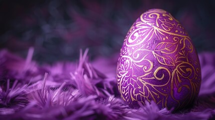 Vibrant Purple Easter Egg with Intricate Patterns on Dark Background