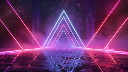 Wall Mural - Futuristic Neon Triangle Light Pathway in a Mystical Sci-Fi Landscape with Reflective Surface and Starry Sky