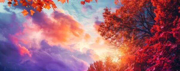 Poster - Stunning sunset landscape with vibrant autumn trees and colorful sky, creating a serene and picturesque nature scene.