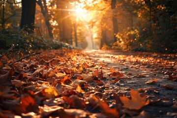 Poster - A tranquil forest path covered in autumn leaves, illuminated by golden sunlight filtering through the trees on a serene autumn morning.