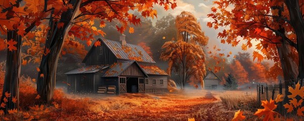 Poster - Serene autumn landscape featuring rustic wooden houses surrounded by vibrant fall foliage in a tranquil countryside setting.
