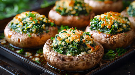 Button mushrooms filled with a mixture of spinach, breadcrumbs, Parmesan cheese, and herbs, then baked until golden and bubbly.