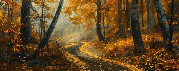 Poster - Serene autumn forest with winding path covered in golden leaves, bathed in warm sunlight, showcasing the beauty of nature in fall.