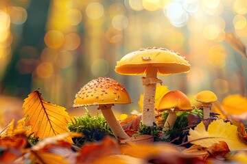 Poster - Colorful mushrooms growing on forest floor in autumn with fallen leaves and sunlight filtering through trees.