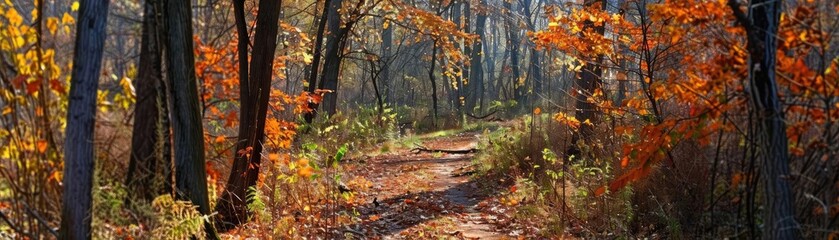 Poster - A serene forest trail in autumn with vibrant orange and yellow foliage, capturing the beauty of fall in a peaceful woodland setting.